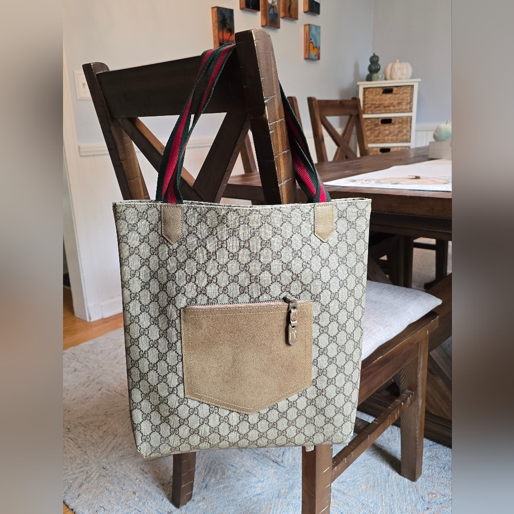 GUCCI Authentic Web Sherry Line GG Shoulder Tote Bag PVC Leather Monogram